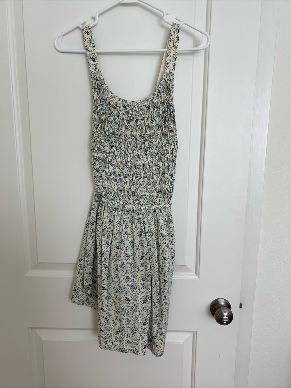 Free People Floral Smocked Mini Cross Back Dress in Cream and Blue